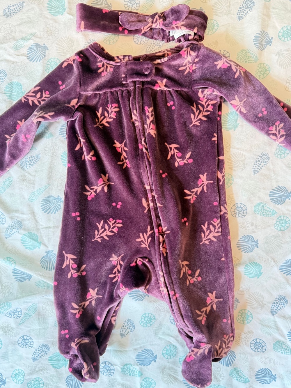 Carter's Purple Floral Fleece Footed One-Piece with Matching Headband